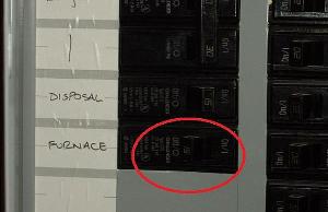 Image of a furnace breaker in the home electrical panel